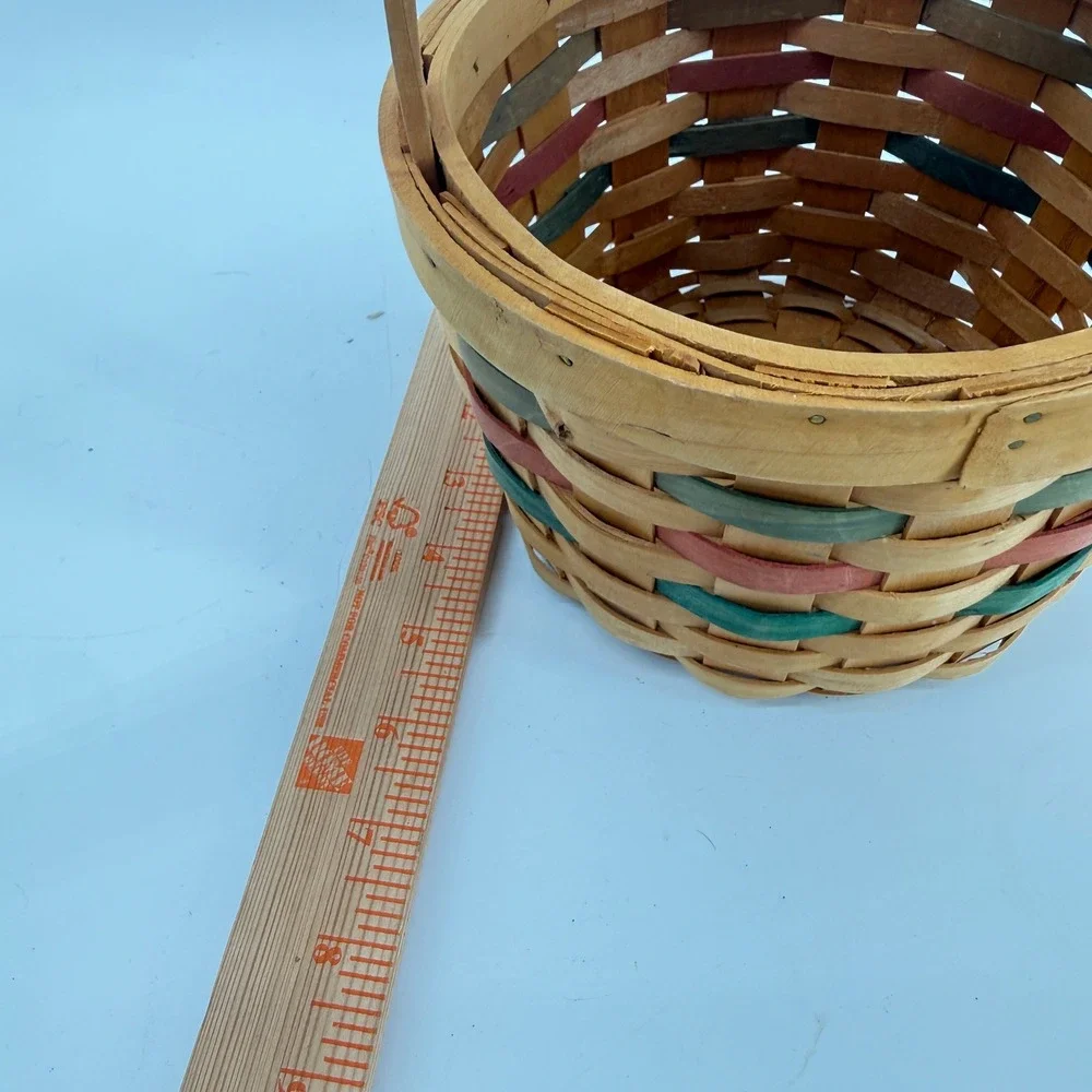 Vintage Woven Wood‎ Basket Small Tan Green Red Farmhouse Decor Handle Easter